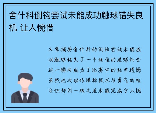 舍什科倒钩尝试未能成功触球错失良机 让人惋惜